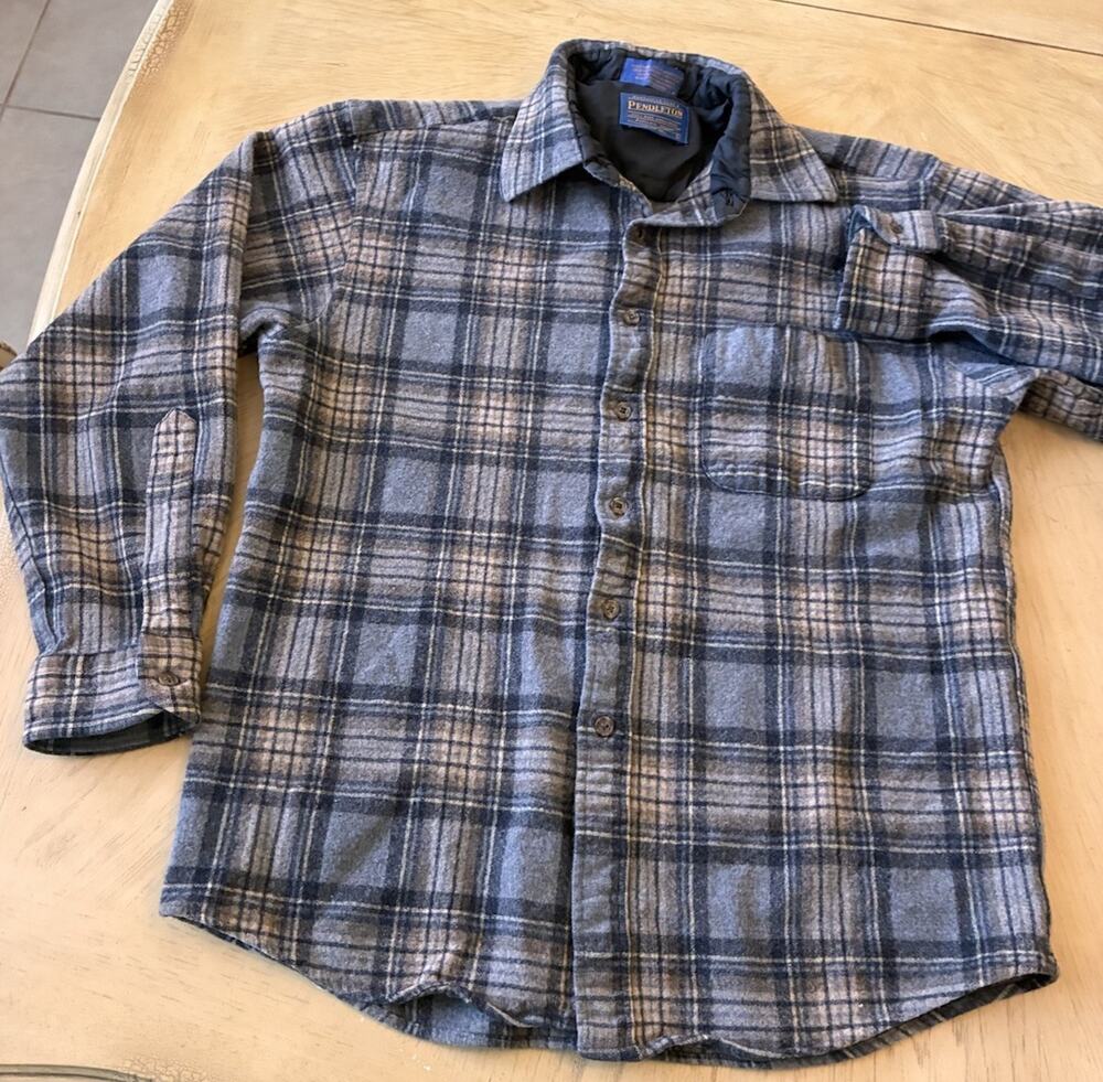 VTG Pendleton Wool Shirt Jacket Quilted Lined Plaid Cabin Tan Grey Small Tag L